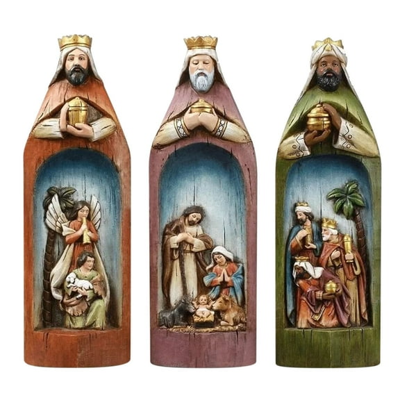 3PCS Three Wise Men Nativity Set,Christmas Nativity Collection Resin Crafts,Three Kings Figurine Roman Kings Nativity Set,Religious Scene Cloak Bookshelf Style Crafts Home Garden Forest Decoration