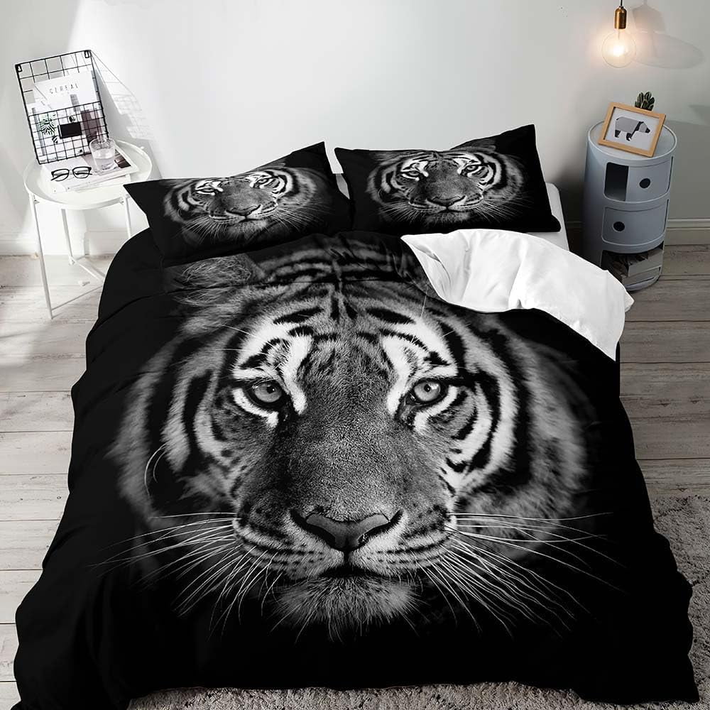 3PCS Tiger Duvet Cover 68x90 inch Bedding Set, Black Duvet Cover, Wild