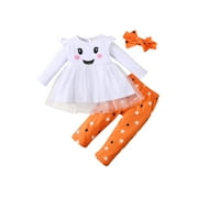 JKERTHER 3PCS Toddler Baby Girl Halloween Thanksgiving Outfit Long Sleeve Pumpkin Ghost T-Shirt Top Tutu Skirt Pants Clothes Set