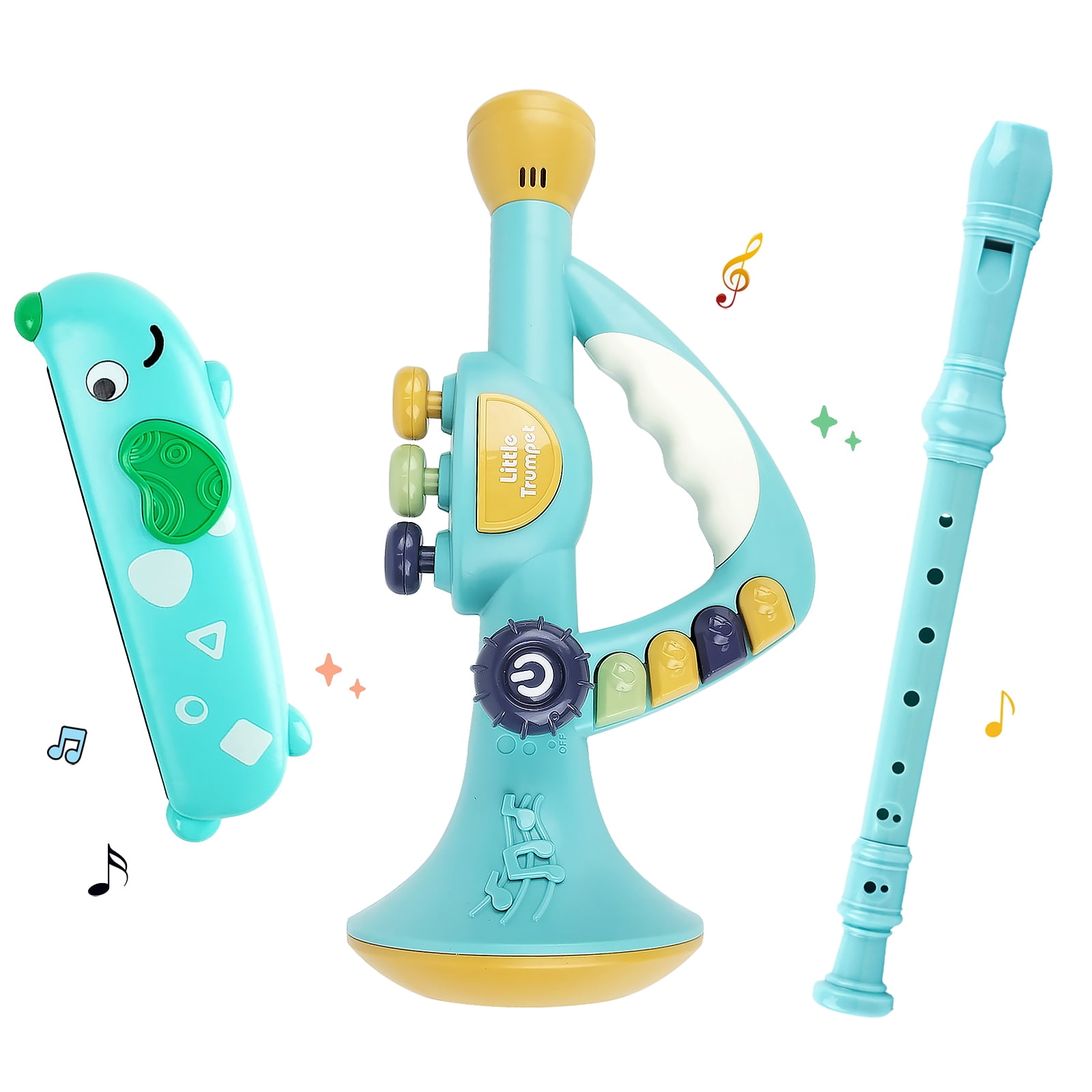 3PCS Toddler Musical Instruments Toy Set, Trumpet, Harmonica, Recorder Flute for Kids, Musical Toys for Children Boys Girls Ages 3+