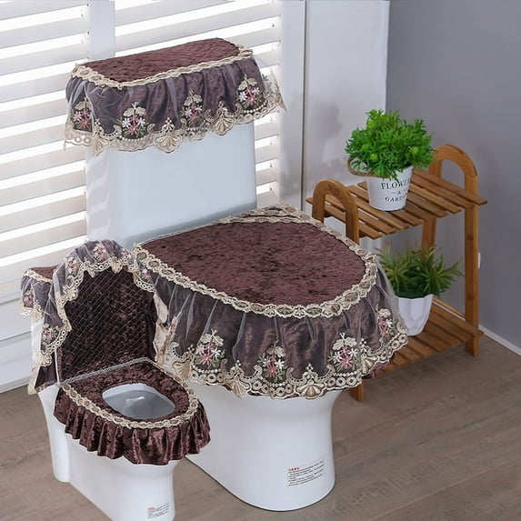3PCS Toilet Seat Cover Set Toilet Lid Tank Cover for Bathroom Lace Thicker Zipper Toilet Seat Cushion Warmer Washable