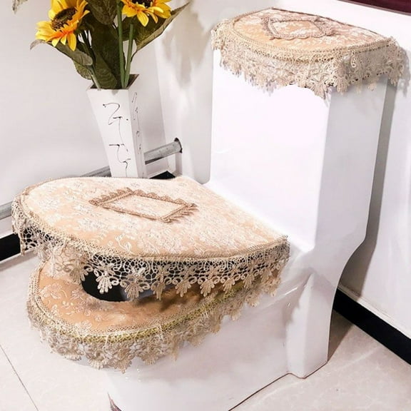 3PCS Toilet Seat Cover Set with Zipper Purple Toilet Lid Tank Cover Warm Washable Lace Toilet Seat Cushion for Bathroom