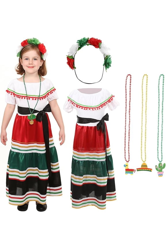 3PCS Traditional Mexican Dress for Girls, Folklorico Dance Fiesta Dress Outfit for Masquerade Party Props