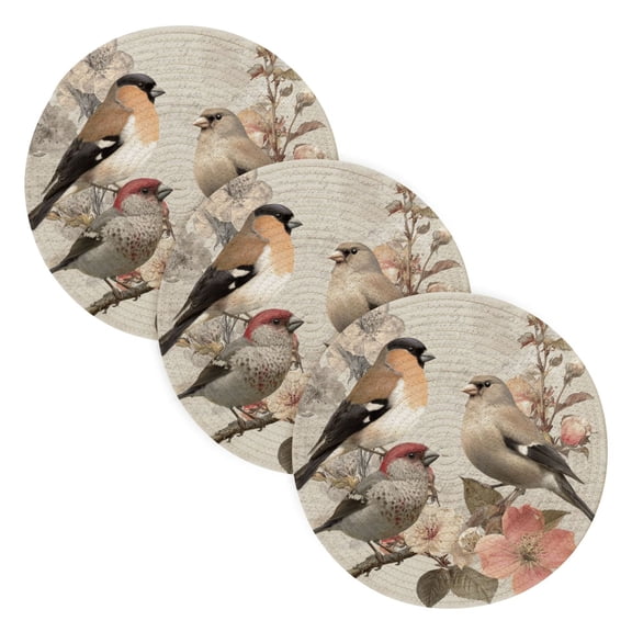 3PCS Trivet Mats 15 Inch Round Heat-Resistant Pot Holders Hot Pads Table Decor Beautiful Birds Sitting on Branches