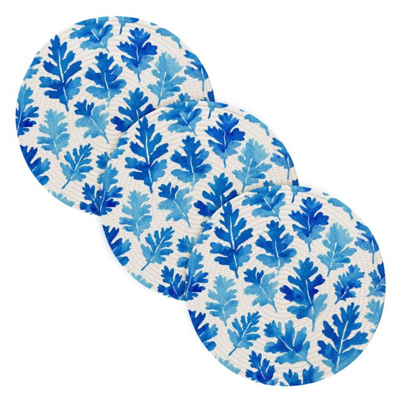 3PCS Trivet Mats 15 Inch Round Heat-Resistant Pot Holders Hot Pads Table Decor Blue Oak Leaf Pattern