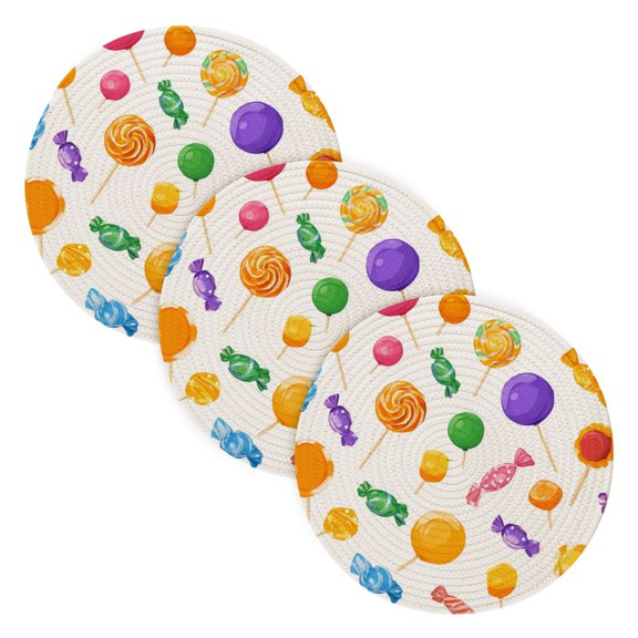 3PCS Trivet Mats 15 Inch Round Heat-Resistant Pot Holders Hot Pads Table Decor Cartoon Candy Pattern