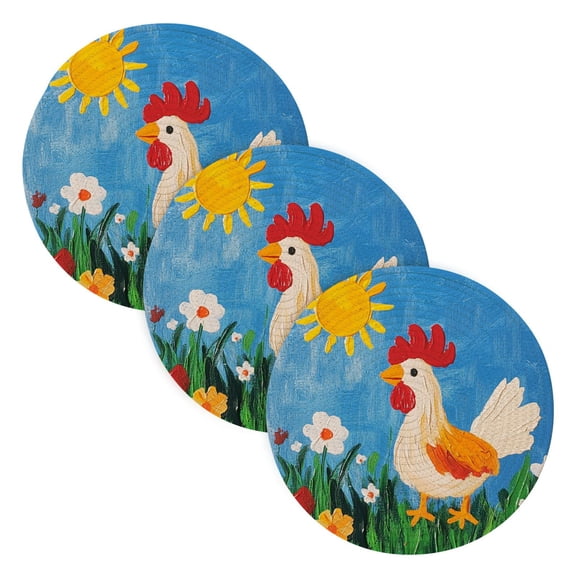 3PCS Trivet Mats 15 Inch Round Heat-Resistant Pot Holders Hot Pads Table Decor Cute Rooster