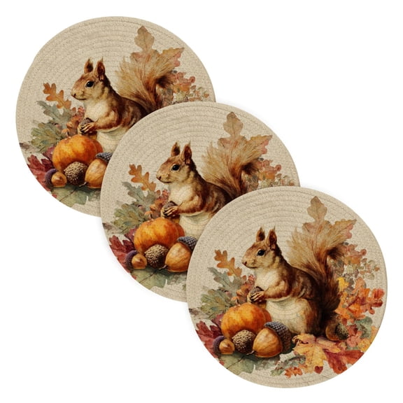 3PCS Trivet Mats 15 Inch Round Heat-Resistant Pot Holders Hot Pads Table Decor Cute Squirrel with Acorns