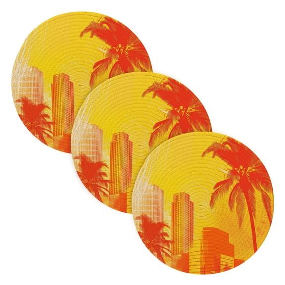 3PCS Trivet Mats 15 Inch Round Heat-Resistant Pot Holders Hot Pads Table Decor Orange Silhouettes Of Buildings