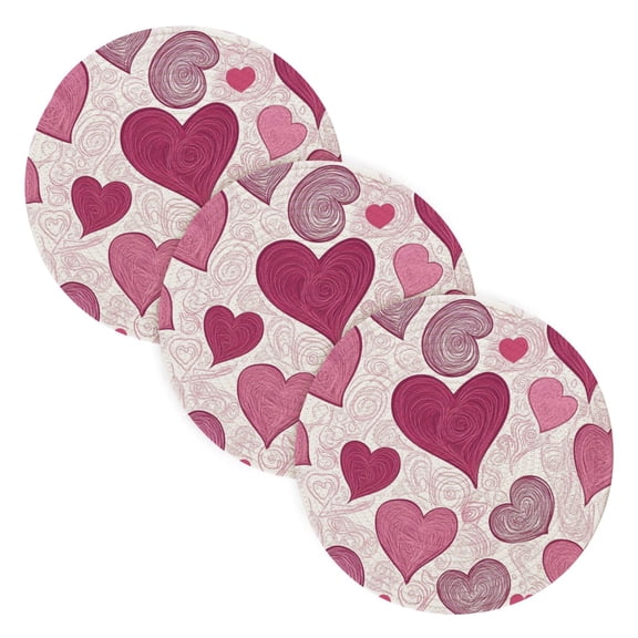3PCS Trivet Mats 15 Inch Round Heat-Resistant Pot Holders Hot Pads Table Decor Pink and Maroon Hearts