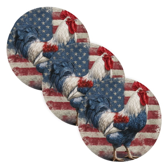 3PCS Trivet Mats 15 Inch Round Heat-Resistant Pot Holders Hot Pads Table Decor Red White and Blue Rooster