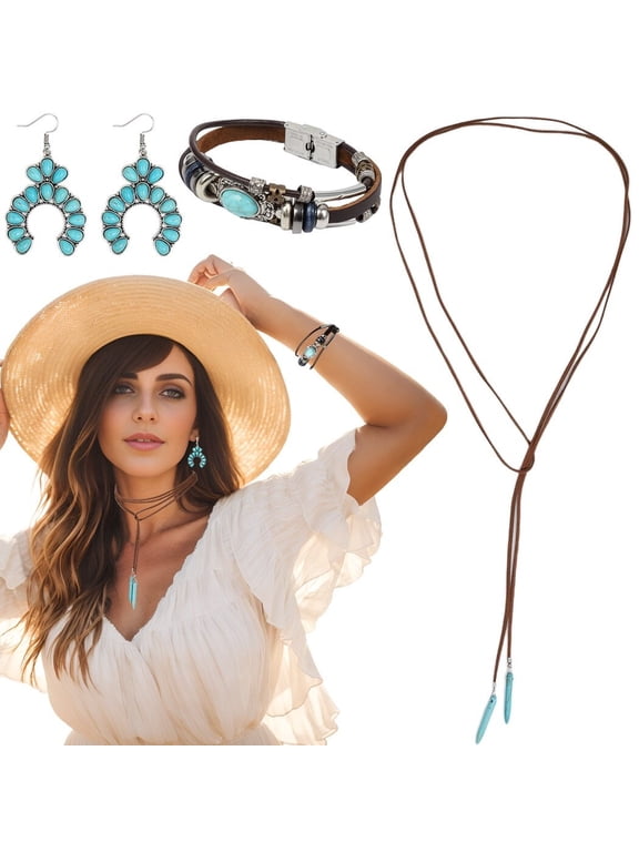 3PCS Turquoise Jewelry Set, Women Choker Necklace Large Retro Earrings, Ladies Multi-layer Faux Leather Bracelet, Fashion Western Bohemian Jewelry Set
