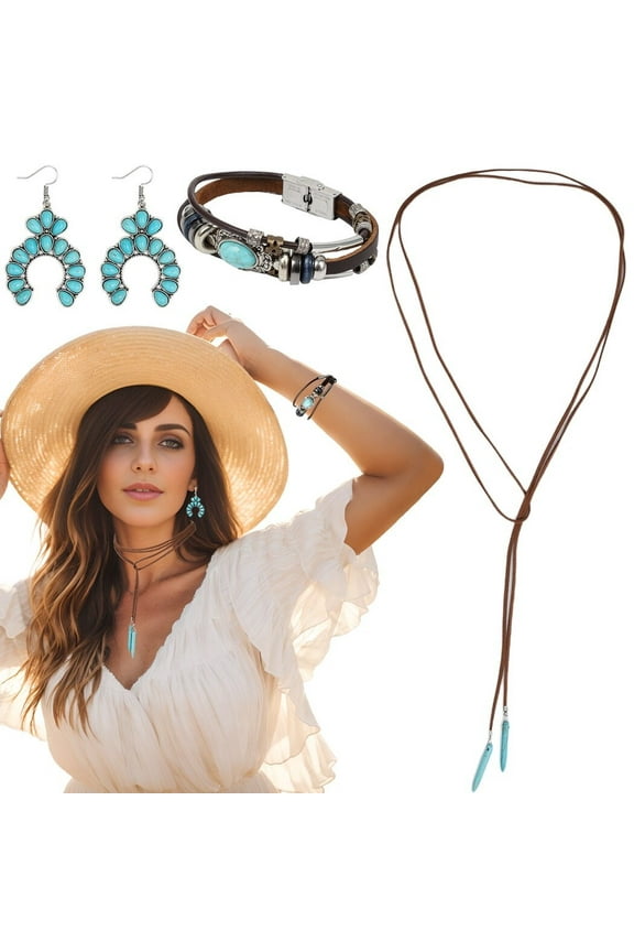 3PCS Turquoise Jewelry Set, Women Choker Necklace Large Retro Earrings, Ladies Multi-layer Faux Leather Bracelet, Fashion Western Bohemian Jewelry Set