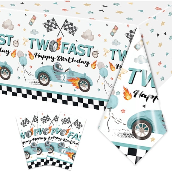 3PCS Two Fast Tablecloths for Kids Boys 2nd Birthday Party Decorations Two Fast Two Curious Racing Car Bday Table Cover Party Table Cloth -54x108in