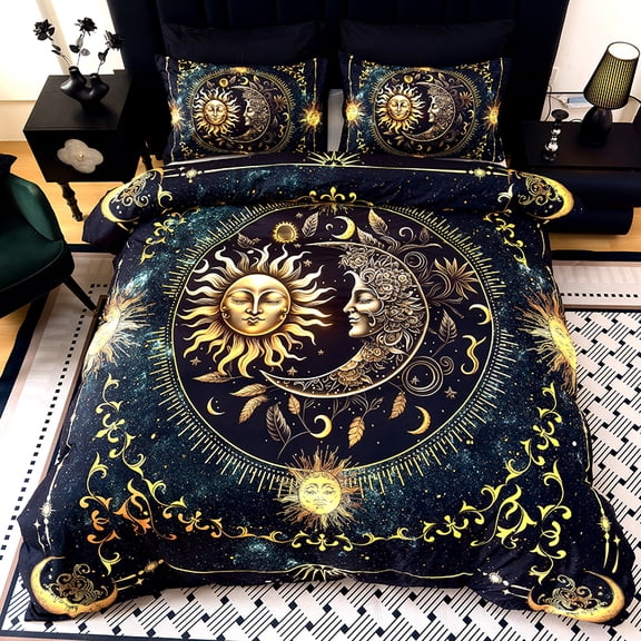 3PCS Ultra-Soft Breathable Golden Sun, Moon & Star Duvet Cover Set,(1 Duvet Cover + 2 Pillowcases without Pillow covers)creating a cohesive, luxurious look for your bed.