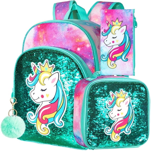 3PCS Unicorn Backpack, 16" Sequin Kids Bookbag for Girls, Elementary Preschool Preschool School Backpacks with Lunch Box - Green