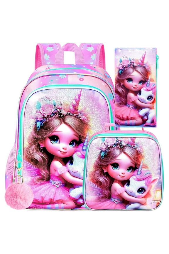 3PCS Unicorn Backpack for Girls, 16" Kids Backpacks for Girl Water Resistant Preschool, Elementary Bookbag with Lunch Box
