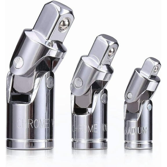 3PCS Universal Joint Socket Set, Chrome Vanadium Steel Swivel Socket Adapter Set, 1/4IN, 3/8IN, 1/2IN Drive Universal Joint Set