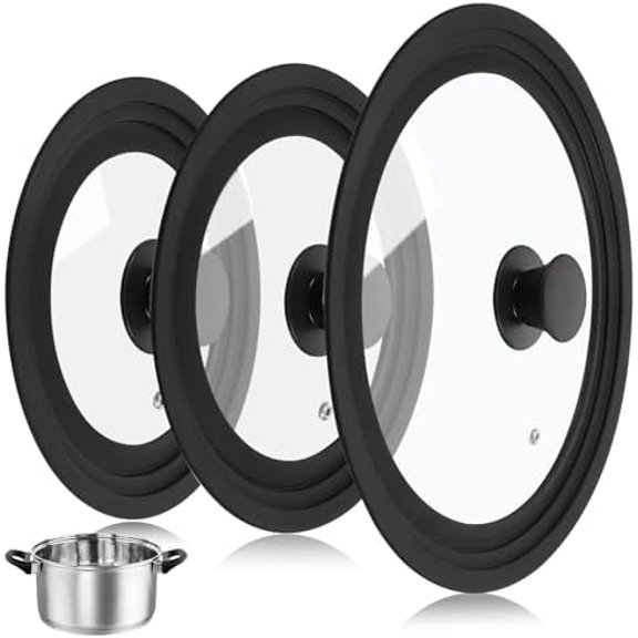 3PCS Universal Pot Lids for Pans and Skillets, Tempered Glass Replacement Cast Iron Frying Pan Cover with Heat Resistant Silicone Rim, Fits All 6" to 12" Diameter Cookware
