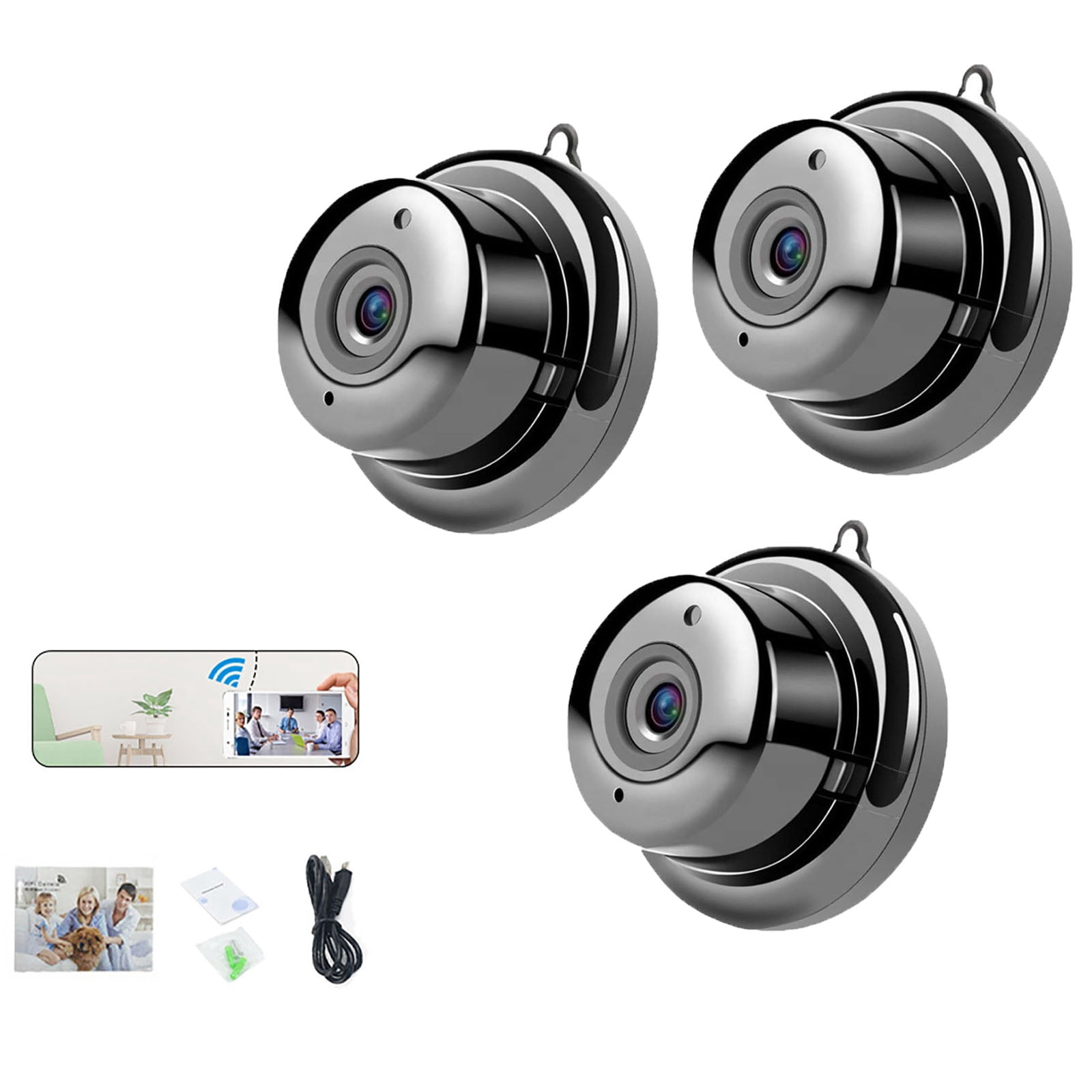 3PCS Upgraded No-Plug Camera, 1080P WiFi Mini Hidden Camera with Two-Way Audio, 170° Wide Angle, Long Battery Life, No-Drill Wireless Indoor Security Camera for Pet, Home, Office
