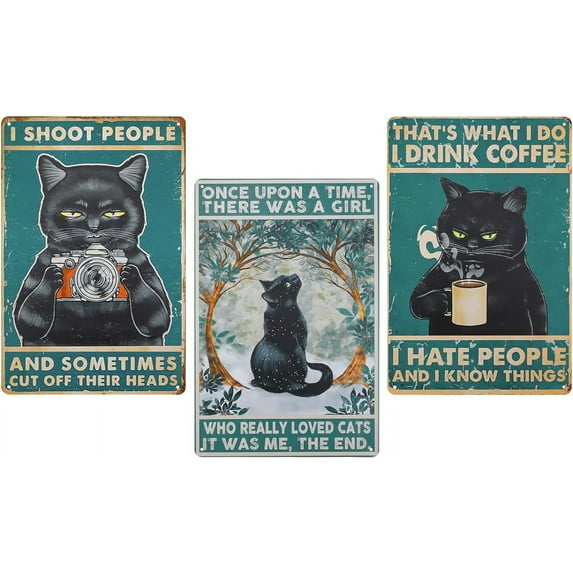 3PCS Vintage Metal Tin Sign Black Cat, Retro Funny Cat Poster Home Decor Bar Wall Coffee Art 8x12 inch