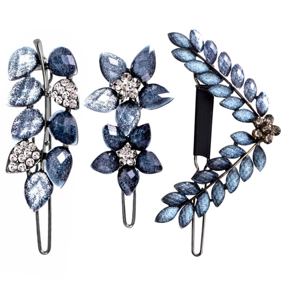 3PCS Vintage Rhinestone Hair Clips Ink-Blue Sparkly Crystal Clip Hairpin Small Flower Leaves Wings Barrettes Decorative Hair Styling Accessories for Women Bride Wedding Engagement Prom
