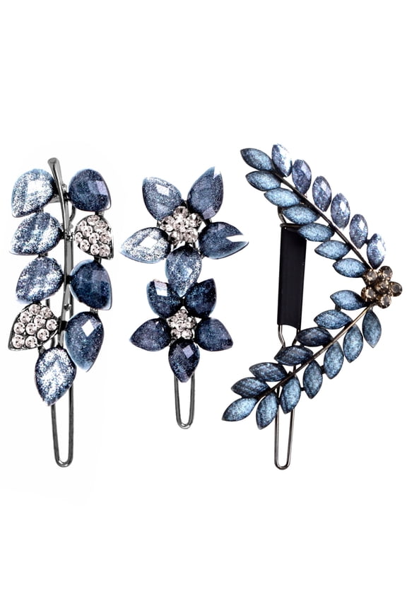 3PCS Vintage Rhinestone Hair Clips Ink-Blue Sparkly Crystal Clip Hairpin Small Flower Leaves Wings Barrettes Decorative Hair Styling Accessories for Women Bride Wedding Engagement Prom