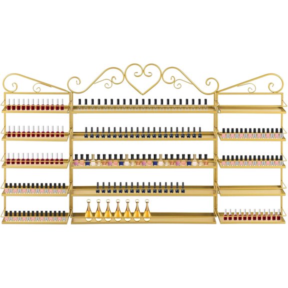 3PCS Wall-Mounted Nail Polish Storage Racks, 5-Tier Nail Polish Shelf, Space-Saving Metal Cosmetic Display Case for Nail Salon, Home, Spa (Gold)