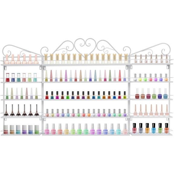 3PCS Wall-Mounted Nail Polish Storage Racks, 5-Tier Nail Polish Shelf, Space-Saving Metal Cosmetic Display Case for Nail Salon, Home, Spa (White)