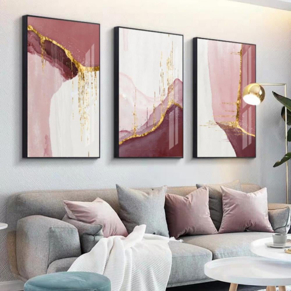 3PCS Wall Painting Wall Art Decor- Decorative Painting Pink Gold Ink Painting for Home Living Room Bedroom Restaurant Study Aisle Decor, 30cm*45cm