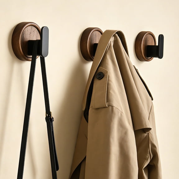 3PCS Walnut Wooden Coat Hooks, No-Drill Adhesive Wall Hooks, FAS Solid Wood Construction, L-Shaped Design, Ideal for Coats, Hats, Towels in Bathroom, Kitchen & Entryway