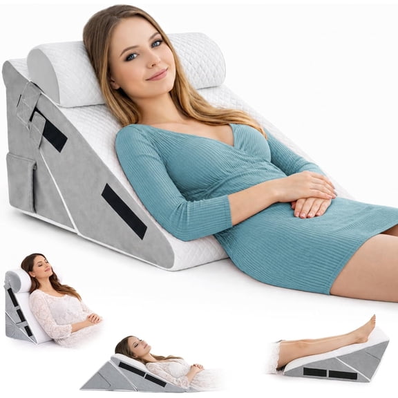 3PCS Wedge Pillow for Acid Reflux Relief & Sleep Apnea  10-in-1 Adjustable 12 Elevated Bed Wedge Pillow for headboard & After Surgery with Memory Foam, Anti-Slip Base & Back Support Pillow for Bed