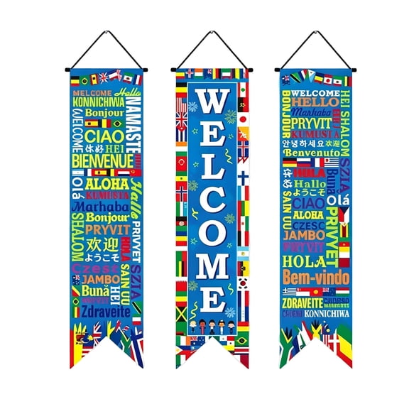 3PCS Welcome Sign for Front Door with World Flags,71inch Rustic Outdoor Welcome Signs for porch,Vertical Front Porch Decorations