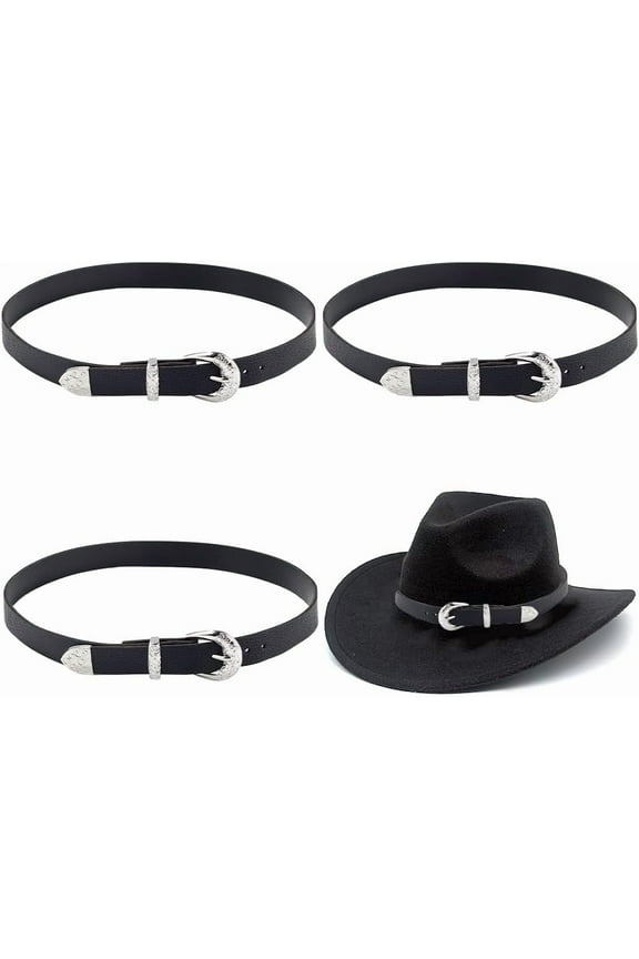 3PCS Western Hats Band 27.64 Inch PU Leather Black Replacement Cowboy Wide Caps Strap Waist Belt Adjustable Cowgirls Straw Buckle Hatband Jewelry Decorative for Men Women Fedora Panama Hat DIY