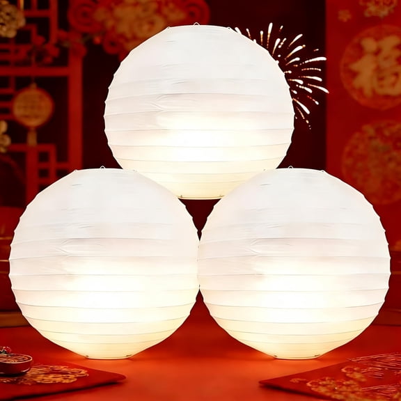 3PCS White Paper Lanterns 12Inch Japanese Chinese Lanterns Round with Led Light Wedding Anniversary Valentines Lantern Decorative Hanging Lanterns for Graduation Party Indoor and Outdoor