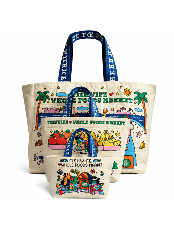 3PCS Whole Foods Market Canvas Tote ,Handle bag Beige/Blue Handles LARGE,MID,MINI