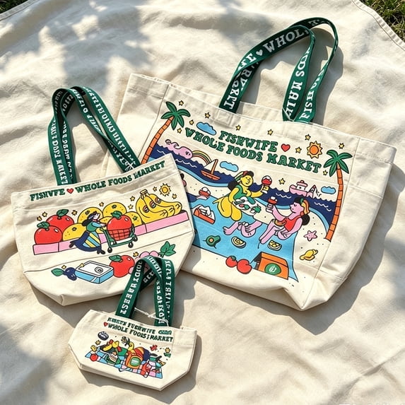 3PCS Whole Foods Market Canvas Tote Set Handle Bag Beach Bag MultiPurpose Carryall Ideal Lightweight