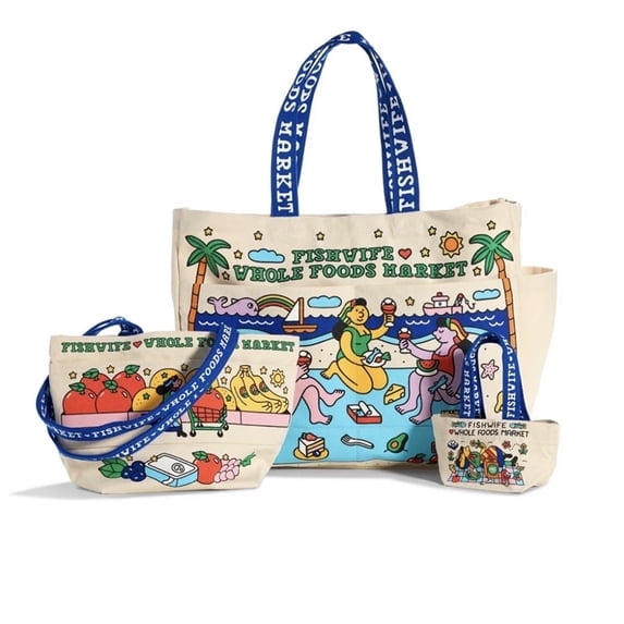 3PCS Whole Foods Market Canvas Tote Set Handle Bag Beige/Blue Handles