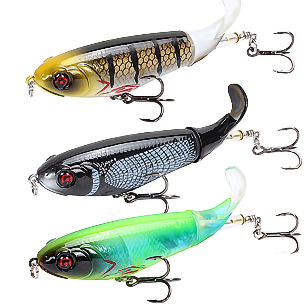 3PCS Whopper Popper Topwater Fishing Lure Artificial Hard Bait 3D Eyes  Plopper With Soft Rotating Tail Fishing Tackle