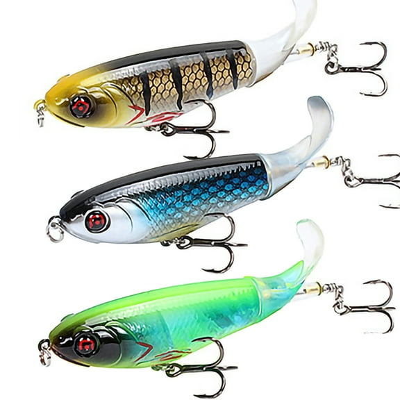 3PCS Whopper Popper Topwater Fishing Lure Artificial Hard Bait 3D Eyes Plopper With Soft Rotating Tail Fishing Tackle