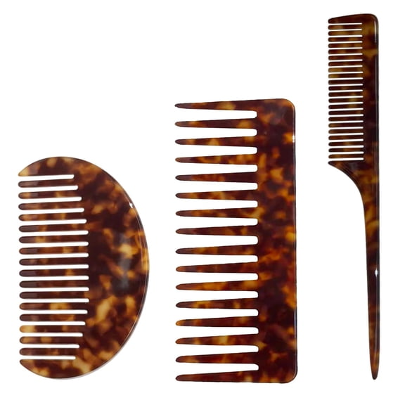 3PCS Wide Tooth Combs & Rat Tail Combs for Women - Acetate Detangling Combs for Bangs, Long, Curly, Thick, Thin, Wet and Dry Hair - Tortoise Shell Fine Tooth Hair Parting Comb for Braiding & Styling