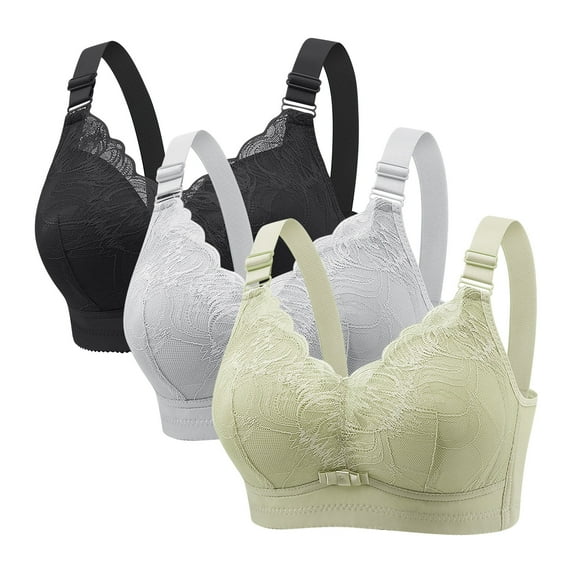 3PCS Wire Free Bra for Women Plus Size Lace Bralettes No Underwire Push up Full Coverage Comfortable Everyday Bras (M, Purple,Gray,Black)