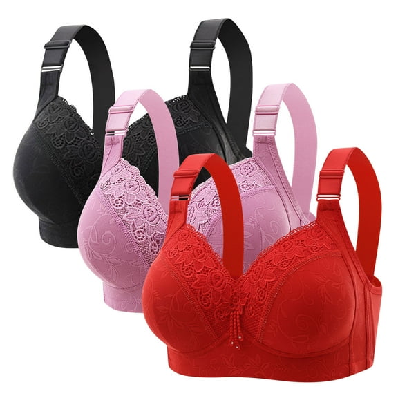 3PCS Wire Free Bra for Women Plus Size Lace Bralettes No Underwire Push up Full Coverage Comfortable Everyday Bras (XL, Black,Gray,Green)