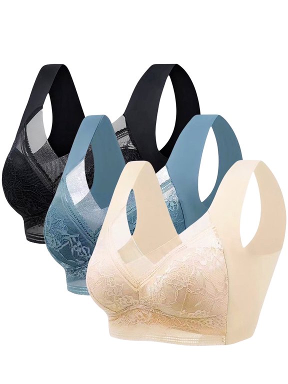 3PCS Wireless Bras Set for Women Floral Contrast Lace Comfy & Breathable Full Coverage Support Women's Bralettes Everyday Bras