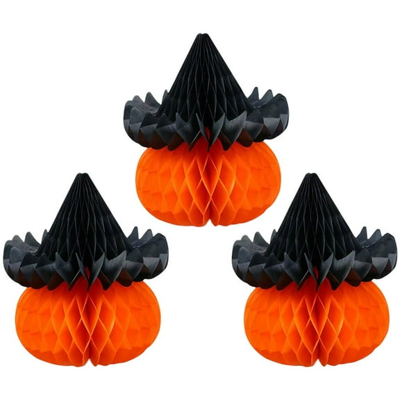 3PCS Witch Hat Pumpkin Honeycomb Ball 3D Paper Pumpkin Honeycomb Hanging Ball Halloween Party Decoration