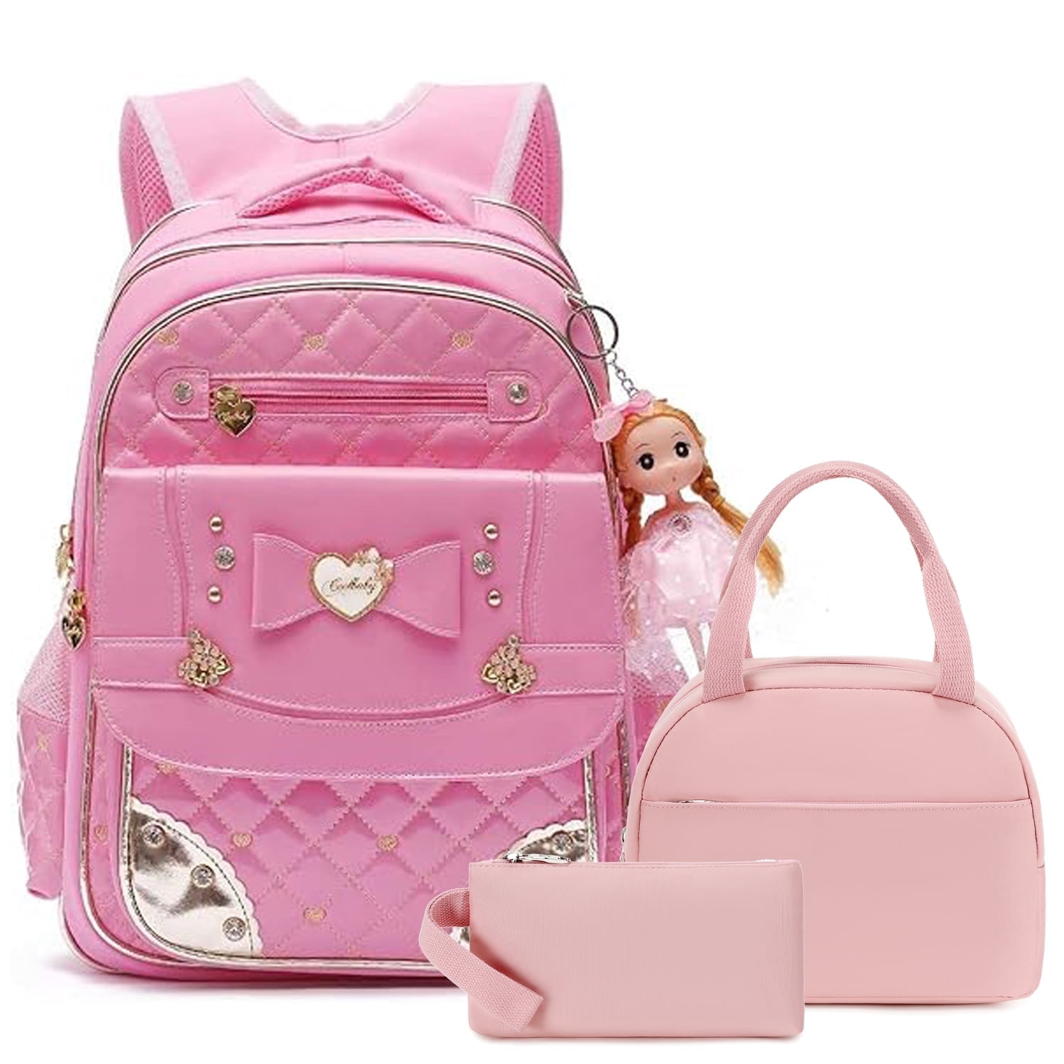 3PCS-With lunch bag, pencil box Laptop Backpack 15.6 Inch Bag College  Backpacks Anti Travel Back Pack Large Bookbags for Women(Pink)