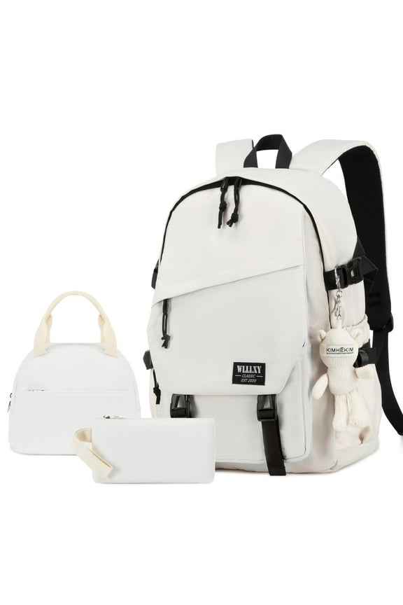 3PCS-With lunch bag, pencil box Laptop Backpack 15.6 inch Bag College Backpacks Anti Travel Back Pack Large Bookbags for Women(White)