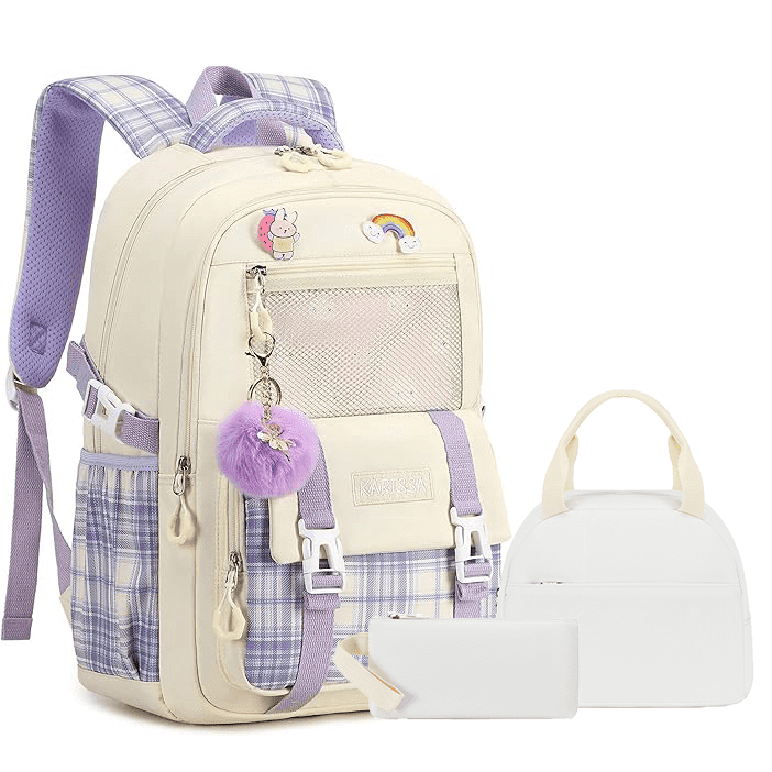 3PCS-With lunch bag, pencil box Laptop Backpack 15.6 Inch Bag College Backpacks Anti  Travel Back Pack Large Bookbags for Women(White)