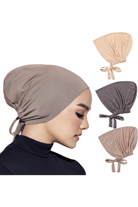3PCS Women Under Hijab Cap Stretchy: Muslim Hijab Undercap Non Slip Caps Under Scarf Sleeping Caps, Tie-back Super Soft (US, Alpha, One Size, Beige+Grey+Khaki)