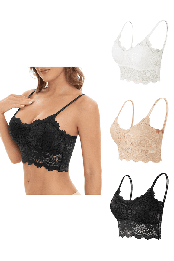 3PCS Women Lace Bra Sexy Seamless Breathable Comfortable Bralettes Wireless Bralette Strappy Padded Bandeau Bra Crop Top(black.beige.white XL-2XL)